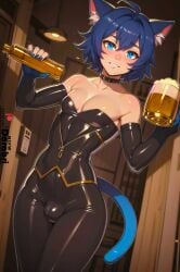 1boy ai_generated bar bartender blue_eyes blue_hair brothel cat_ears cat_tail catboy cleavage collar cute darabri detached_sleeves femboy feminine_male gay girly inn logo male_with_breasts otoko_no_ko patreon_logo server tail tight_clothing tight_fit trap yaoi