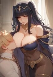 1girls 1male ai_generated black_hair blonde_hair blunt_bangs breast_feeding breast_sucking breasts female female_focus fire_emblem fire_emblem_awakening light-skinned_male musashimango tharja_(fire_emblem) voluptuous