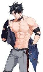 1boy ai_generated anal bara bare_pectorals black_hair cum gay genshin_impact male male_focus male_only muscular muscular_male penis solo solo_male wriothesley_(genshin_impact) yaoi