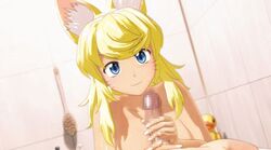 3d animal_ears animated bath blonde_hair blue_eyes bounce bouncing_breasts breasts censored female handjob large_breasts liru nipples renkin_san-kyuu_magical_pokaan seismic sex