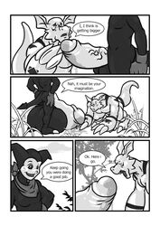 bandana comic digimon english_text growth guilmon hyper hyper_penis impmon male_only monochrome penis penis_growth rackun scalie tail uncut