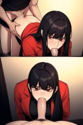 1girls 2boys ai_generated anal anal_sex black_hair blowjob blowjob_while_penetrated ceremon_vaughan deepthroat fellatio female hero_killer ihwa male male_penetrating_female oral oral_sex red_eyes sex webtoon