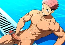 1boy ai_generated anal bara bare_pectorals cum gay itadori_yuuji jujutsu_kaisen male male_focus male_only muscular muscular_male penis solo solo_male yaoi