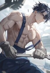 1boy ai_generated bara bare_pectorals black_hair cute_artstyle gay genshin_impact male male_focus male_only mechanic muscular muscular_male overalls pecs solo solo_male wriothesley_(genshin_impact) yaoi