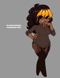 alternative_hair_color bad_anatomy black_boots black_shorts black_skin brown_hair fishnets horns sfw unknown_artist unknown_artist_signature