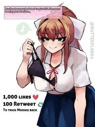 black_bra bow butterflan01 collared_shirt comic doki_doki_literature_club green_eyes hairbow half-closed_eyes leaning_forward long_hair looking_at_viewer monika_(doki_doki_literature_club) no_bra ponytail removing_bra removing_bra_under_shirt removing_clothing school_uniform seductive shirt simple_background skirt smile smirk strip_game twitter_strip_game_(meme) unbuttoned undressing white_background