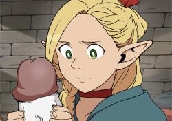 big_cock big_penis blonde_female blonde_hair blonde_hair_female delicious_in_dungeon dungeon_meshi elf elf_female elf_girl futa_on_female leonie_tax marcille_donato nervous penis_awe