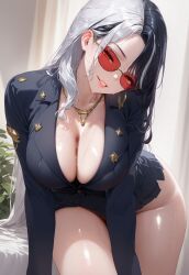 ai_generated big_ass big_breasts big_legs black_hair blazer cleavage enjisd goddess_of_victory:_nikke large_breasts looking_at_viewer multicolored_hair rosanna_(nikke) shirt sweat wet_body white_hair