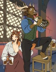 alcohol anthro antlers beer beer_mug beverage bottomwear breasts brown_body brown_fur brown_hair chair clothed clothing deer detailed_background duo female fur furniture grope groping_crotch groping_from_behind hair hi_res hooves horn male male/female mammal musical_instrument nipples one_breast_out pants skirt stool tabaxitaxi table tan_body tan_fur tavern window