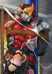 1boy armor armored_male arms_behind_pole bat belt blush blushing_through_mask censor_bar censored censored_penis chains cum cum_milking cum_on_body egg_vibrator egg_vibrator_on_penis heavy_breathing helmet kamen_rider kamen_rider_kiva kamen_rider_kiva_(series) male male_focus male_only mask masked masked_male milking milking_penis mina_minoru orgasm penis_milking pole sounding stained_glass_window standing tied_to_pole tied_up tube tube_in_penis urethral_insertion vampire vibrator vibrator_on_penis