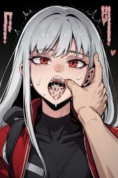 ai_generated ceremon_vaughan cum cum_in_mouth cum_on_tongue finger_in_mouth hero_killer ihwa red_eyes silver_hair tongue tongue_out webtoon