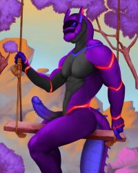 4:5 absurd_res anthro genitals glowing hi_res looking_at_viewer male muscular muscular_male okamibley penis plant purple_body purple_eyes solo swing synth_(vader-san) tree zan_the_synth