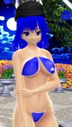 1girls 2024 3d blue_bikini blue_eyes blue_hair breasts character_name cleavage clothes_writing hati_yukkuri_mmd hecatia_lapislazuli hecatia_lapislazuli_(earth) holding_own_arm looking_at_viewer mmd outdoors short_hair solo touhou