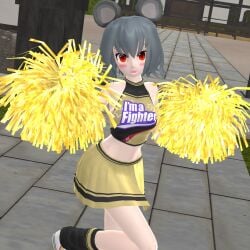 1girls 3d alternate_costume cheerleader clothes_writing full_body grey_hair hati_yukkuri_mmd looking_at_viewer mmd mouse_ears mouse_girl nazrin pom_pom_(cheerleading) red_eyes short_hair solo touhou