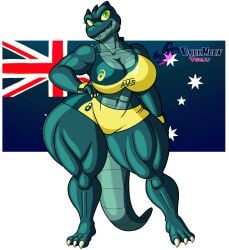 2023 2024 3_toes abs absurd_res alpha_channel anthro artist_logo artist_name australia australian australian_flag big_breasts blu3danny border bottomwear bra breasts claws cleavage clothed clothing collaboration crocodile crocodilian crocodylid darkmoontoons eyelashes facial_piercing feet female finger_claws green_body green_eyes green_scales hi_res humanoid_hands lip_piercing lip_ring looking_at_viewer muscular muscular_anthro muscular_female navel piercing reptile reptile_humanoid ring_piercing scales scalie scalie_humanoid shorts smile solo solo_female sports_bra standing tansau thick_thighs toe_claws toes transparent_background transparent_border underwear yellow_shorts