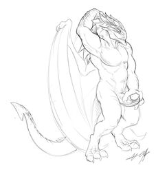 1boy anthro dragon erection male male_only masturbation monochrome nude penis scalie sketch solo spade_tail thick_penis uncensored wings wings_folded