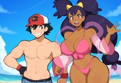 1girls abs aged_up ai_generated beach big_hair bikini dark-skinned_female day female iris_(pokemon) large_breasts mullon muscular_male novelai pokemon pokemon_bw purple_hair satoshi_(pokemon) satoshi_(pokemon) smile