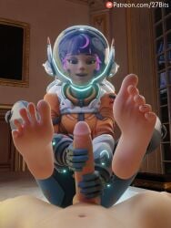 1boy 1girls 27bits 3d clothed_female_nude_male feet feet_up foot_fetish gloved_handjob gloves handjob helmet jacket juno_(overwatch) male_pov nude_male overwatch overwatch_2 pov purple_hair soles straight toes