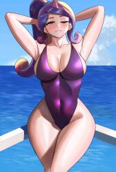 1girls 2024 arms_behind_head arms_up big_breasts cleavage deviantart deviantart_link equestria_girls female female_only hands_behind_head hasbro highleg highleg_leotard horn huge_breasts human large_breasts leotard light-skinned_female light_skin multicolored_hair my_little_pony ocean ocean_background one_eye_closed one_eye_open pink_eye pink_eyes ponytail princess_cadance_(mlp) purple_leotard purple_swimsuit sideboob smile smiling smiling_at_viewer solo swimsuit unicorn_horn wide_hips ytrall