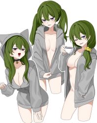 :3 :d alternate_hairstyle bell_collar cat_ears coffee_mug evil_smile hand_in_pocket hikentai0308 large_breasts leaning_forward multiple_views naked_hoodie one_eye_closed paw_pose seductive_look seductive_smile sousou_no_frieren twintails ubel_(sousou_no_frieren) unzipped