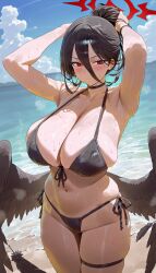 1girls 2026 ai_generated armpits arms_up big_breasts bikini black_bikini black_choker black_wings blue_archive blush breasts choker cleavage dwnsty female hair_bun hairbun hasumi_(blue_archive) large_breasts looking_away outdoors outside red_eyes solo standing sweat sweatdrop sweaty thick_thighs thighs wide_hips wings