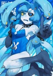 1girls big_breasts blue_background blue_eyes blue_hair blue_suit bunny_ears bunny_girl bunnysuit choker fang fangs horns humnoid long_hair monster navel oc oc_(sakoku) original_character patch rabbit rabbit_ears rabbit_girl rabbit_humanoid sakoku text thorns yellow_eyes