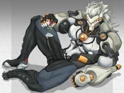 absurd_res balls banyue_(zenless_zone_zero) erection genitals grey_hair hair hi_res machine male male_focus male_only mistletoe muscular muscular_male no_humans not_furry phobetose plant robot simple_background solo
