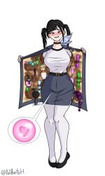 biting_lip black_choker black_hair blush clothed curvy curvy_figure dildo female_only goddess_of_victory:_nikke loliberto looking_at_viewer open_jacket ovulating ovulation pink_eyes ponytails scarf sex_toy sex_toy_collection small_skirt sora_(nikke) twintails_(hairstyle) white_shirt white_thigh_socks