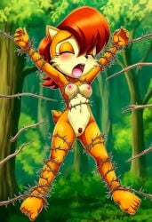 ai_generated arms_at_sides arms_extended arms_spread blood bondage bound_arms bound_breasts bound_torso bound_wrists brambles choker completely_nude legs_open legs_spread legs_spreading necklace pain painful princess sally_acorn sonic_(series) sonic_the_hedgehog_(archie) sonic_the_hedgehog_(comics) sonic_the_hedgehog_(series) suspended suspended_in_midair thorns torture tortured wounded