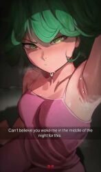 1girls 2d 2d_animation akujisaitova animated armpit armpit_fetish arms_up artist_logo artist_name breasts camisole closed_mouth collarbone english english_text esmile female female_only green_eyes green_hair looking_at_viewer medium_hair moaning mp4 on_bed one-punch_man pace_r18 pink_pants pink_shirt pout pouting selfie small_breasts snapchat solo solo_female solo_focus sound steam steaming_body steamy sweat sweatdrop sweating tagme tatsumaki video
