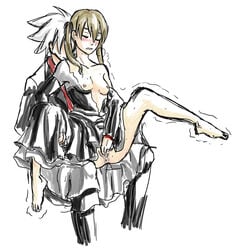 1boy ass blonde_hair blush breasts closed_eyes clothing dress female fingering long_hair maka_albarn nipples pussy sitting_on_lap small_breasts soul_eater soul_eater_evans torn_clothes z-raid