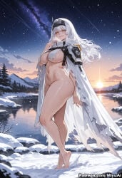 1girl ai_assisted ai_generated bangs barefoot blush breasts cape curvaceous curvy curvy_female curvy_figure female full_body goddess_of_victory:_nikke hand_on_own_chest headpiece large_breasts long_hair looking_at_viewer miyuai navel night night_sky outdoors revealing_clothes shooting_star silver_hair sky smile snow_white_(nikke) solo standing star_(sky) starry_sky thick thick_ass thick_butt thick_hips thick_legs thick_thighs thighs torn_clothes voluptuous voluptuous_female white_hair wide_hips wide_thighs yellow_eyes