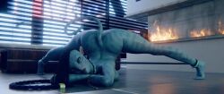 1girls 3d 3d_(artwork) ankle_cuffs arched_back ass avatar bed blue_body detailed_background fire_place gifdoozer hair na'vi on_floor tagme tagme_(artist) tail
