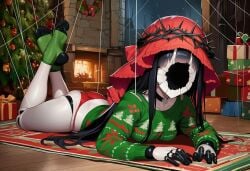 1girls ai_generated black_hair black_skin blunt_bangs breasts broken_face choker christmas christmas_outfit christmas_tree clothed clothing collar cracks doll doll_girl doll_joints female headwear holidays horror horror_(theme) joints long_hair marion_(paigen) marionette medium_breasts monster_girl no_face original original_character paigen porcelain puppet puppet_girl puppet_strings red_headwear strings thorn_crown two-tone_body two-tone_skin white_skin wreath