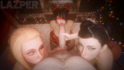 1boy 3d 3d_(artwork) 3d_animation 3girls asian_female black_hair blonde_hair cammy_white capcom christmas christmas_tree chun-li detailed_background double_handjob handjob juri_han lazper looking_at_viewer pov street_fighter street_fighter_6 sucking_nipples tagme tongue_out