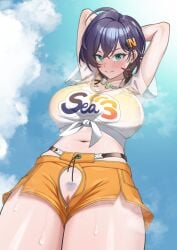 1girl arms_up belle_(summer_skies)_(zenless_zone_zero) belle_(zenless_zone_zero) blue_hair blue_sky blush breasts censored cloud cloudy_sky commentary_request crop_top day female_pubic_hair from_below green_eyes hair_ornament large_breasts letter_hair_ornament looking_at_viewer mosaic_censoring navel official_alternate_costume open_clothes orange_shorts outdoors p-tree pubic_hair pussy see-through_clothes see-through_shirt shirt short_hair shorts sky smile solo sweat swimsuit thick_thighs thighs tied_shirt white_shirt zenless_zone_zero