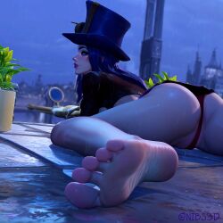 1girls 3d 3d_(artwork) arcane arcane_caitlyn ass ass_focus blue_hair caitlyn_kiramman feet foot_fetish foot_focus hat league_of_legends long_hair looking_back nibs3d outdoors panties rain raining sniper sniper_rifle soles solo solo_female solo_focus thong wet wet_body