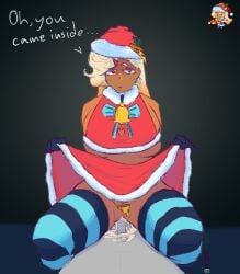 christmas christmas_outfit cookie_run cookie_run_ovenbreak cowgirl_position cum cum_drip cum_in_pussy cum_inside cum_on_penis dialogue grey_body heart leafrake lifting_own_clothes lifting_skirt penis pizza_cookie pov pussy stockings