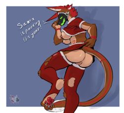 anthro breasts christmas christmas_clothing clothed clothing digital_drawing_(artwork) digital_media_(artwork) exposed_breasts female furry hi_res holidays machine no_humans partially_clothed pawpads paws protogen simple_background sjey_(sjey_arts) sjey_arts solo tagme text torn_clothing