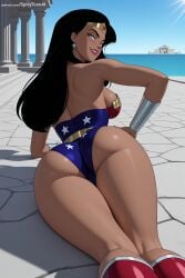 1girl ai_generated ass back bare_shoulders black_hair blue_eyes blue_leotard boots breasts dark_skin dc_comics dcau diana_prince earrings from_behind hi_res high_quality high_resolution jewelry knee_boots leotard lips long_hair looking_at_viewer looking_back patreon seductive sexy smile solo spicytoonai star_(symbol) star_print strapless superhero thighs uncensored watermark wonder_woman