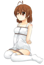 arms_behind_back bondage brown_eyes brown_hair clannad clothing furukawa_nagisa panties pizanuko stockings thighhighs underwear white_legwear wink