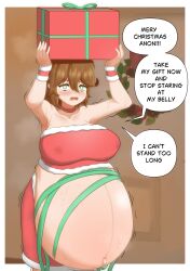 brown_hair christmas christmas_clothing cross_eyes green_eyes lernana_6 pregnancy pregnant pregnant_belly pregnant_female super_belly