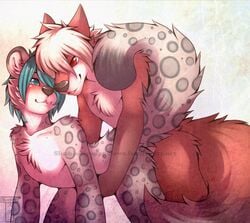 annoying_watermark anthro blue_eyes blue_hair canine feline fox from_behind fur furry furry_only gay hair leopard male mammal nude red_eyes sex slushie-nyappy-paws snow_leopard watermark