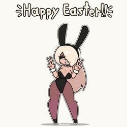 animated bare_shoulders blanca_(movailarts) blonde_hair bouncing_breasts breasts bunny_ears bunny_girl bunnysuit cleavage collar easter fishnets gif green_eyes hair_over_one_eye high_heels long_hair looking_away loop looping_animation movailarts original original_character peace_sign side_to_side swaying swaying_breasts tagme text thick_thighs tight_clothing voluptuous wide_hips