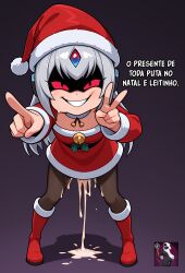 1girls after_sex ai_generated bell black_pantyhose black_sclera boots breasts brown_pantyhose chest_jewel christmas colored_sclera cum cum_in_pussy cum_on_clothes cum_overflow cum_pool cumdrip dialogue double_v dress evil_grin evil_smile excessive_cum female_only forehead_jewel full_body fur-trimmed_dress fur-trimmed_headwear fur_trim gradient_background grey_hair grin hat knee_boots leaning_forward light-skinned_female long_hair long_sleeves looking_at_viewer notes_translation pantyhose pernalongapirata photoshop pointing pointing_at_viewer portuguese portuguese_dialogue portuguese_text purple_background red_dress red_eyes red_footwear red_headwear santa_boots santa_costume santa_dress santa_hat silver-haired_female smile solo solo_focus speech_bubble standing teeth text v watermark