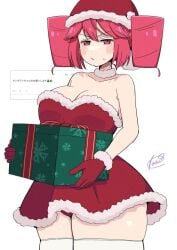 1girls bare_shoulders big_breasts blush box breasts christmas dress female female_only fur-trimmed_dress fur-trimmed_headwear fur_trim gift gift_box gloves hat kasane_teto koeikobo large_breasts merry_christmas red_dress red_eyes red_gloves santa_costume santa_hat short_dress solo strapless strapless_dress striped thighhighs utau utauloid vocaloid white_background white_legwear