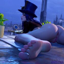 1girls 3d 3d_(artwork) arcane arcane_caitlyn ass ass_focus blue_hair caitlyn_kiramman feet foot_fetish foot_focus genitals hat league_of_legends long_hair looking_back nibs3d outdoors pussy rain raining sniper sniper_rifle soles solo solo_female solo_focus vagina wet wet_body