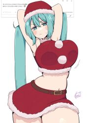 1girls aqua_eyes aqua_hair armpits belt big_breasts blush christmas crop_top female female_only hat hatsune_miku koeikobo long_hair merry_christmas midriff miniskirt navel red_skirt santa_costume santa_hat skirt solo striped twintails vocaloid