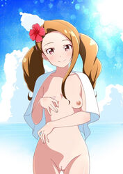 alternate_hairstyle breasts brown_hair cleft_of_venus edit fat_mons female flower frills hair_flower hair_ornament hibiscus idolmaster innie_pussy jabara_tornado looking_at_viewer minase_iori nipples nude nude_filter photoshop plump_vulva puffy_pussy red_eyes smile solo towel twintails