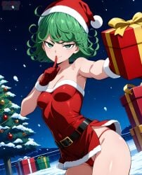 ai_generated bare_thighs christmas eroero_waifus gift_box green_eyes green_hair huge_breasts huge_thighs large_breasts light-skinned_female light_skin looking_at_viewer one-punch_man panties santa_costume santa_hat short_hair shortstack smiling solo_female squatting sweat sweatdrop tatsumaki thick_body thick_female thick_thighs thighs voluptuous voluptuous_female
